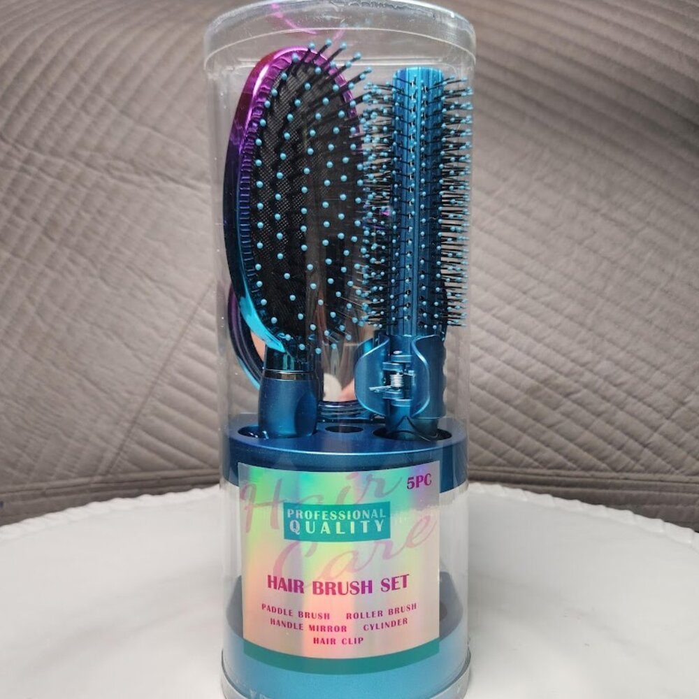 NEW 5-Piece Hairbrush Brush Set Hand Mirror Beauty Brushes Blue Easter Basket